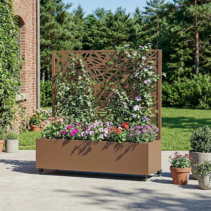 Casaphoria Metal Raised Garden Bed with Trellis and Wheels 47x47x16 Planter Box for Climbing Plants Vegetables &amp Vines Features Drainage Holes and Privacy Screen Brown-Net