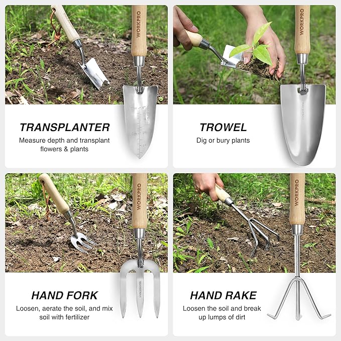 WORKPRO 8-Piece Pink Garden Tool Set Stainless Steel Gardening Tools with Wood Handle Including Garden Tote Gloves Trowel Hand Weeder Cultivator and More Gardening Gifts For Women - Pink Ribbon