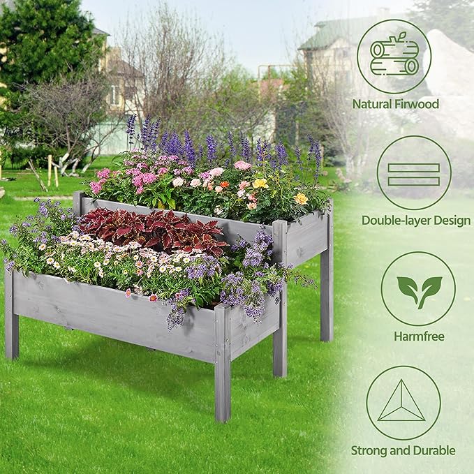 Topeakmart 2-Tier Elevated Stand Raised Bed Planting Planter Bed Box for Flower Vegetable Gardening Outdoor Gray