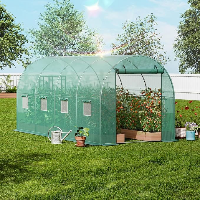 VEVOR Walk-in Tunnel Greenhouse 14.6x6.4x6.3 ft Hoop House Greenhouse Tunnel Plant Hot House with Galvanized Steel Frame Green PE Cover Roll-up Zipper Door and 8 Windows for Outdoor