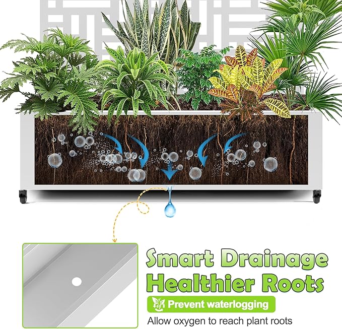 15.7×70.9×47.2 Metal Raised Garden Bed with Trellis and Wheels - Tall Trellis Planter Box for Climbing Plants Vegetables &amp Vines - Outdoor Privacy Planters for Patio (White-Helen)