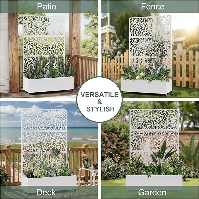 Metal Raised Garden Bed with Trellis Privacy Screen Large Planters Box with Wheels &amp Drainage Holes for Climbing Plants (47 L×16 W×71 H White Leaf)