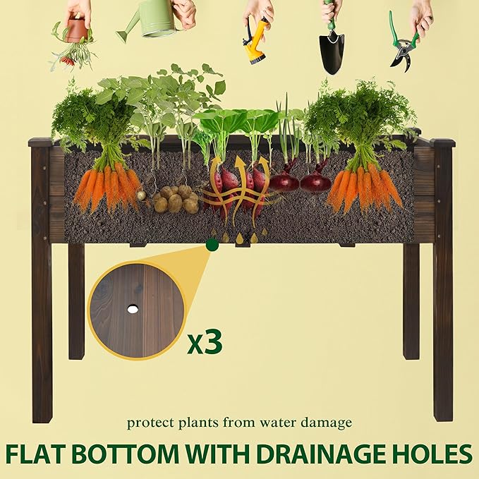 48x24x30 in Raised Garden Bed with Legs Outdoor Elevated Wood Planted Box with Liner &amp Drainage Hole for Vegetable Flower Backyard and Patio Rustic