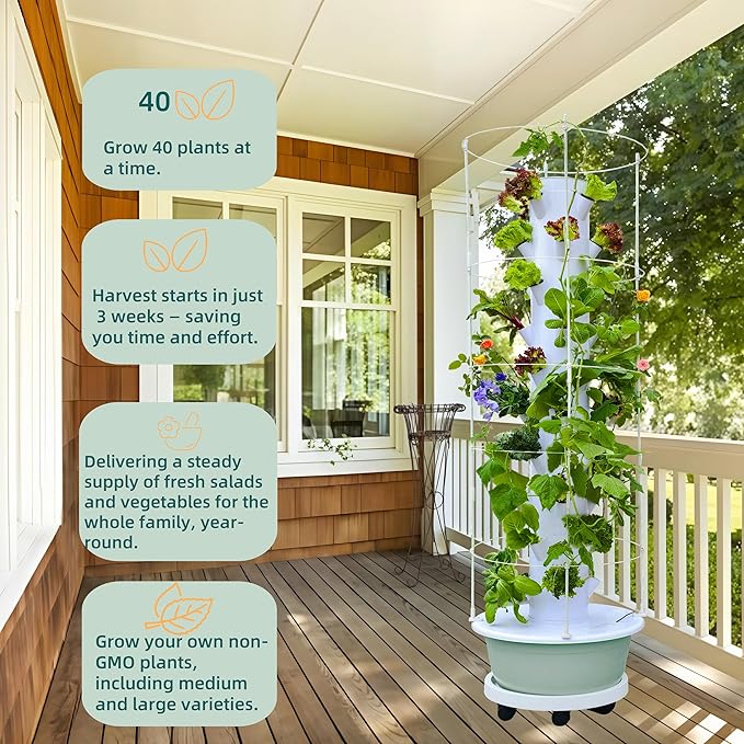 Hydroponic Growing System Kit Vertical Hydroponic Tower with Trellis Indoor &amp Outdoor Herb Garden Vegetable Tower with 40 Planting Pods Automatic Timer Ideal for Gardeners &amp Beginners