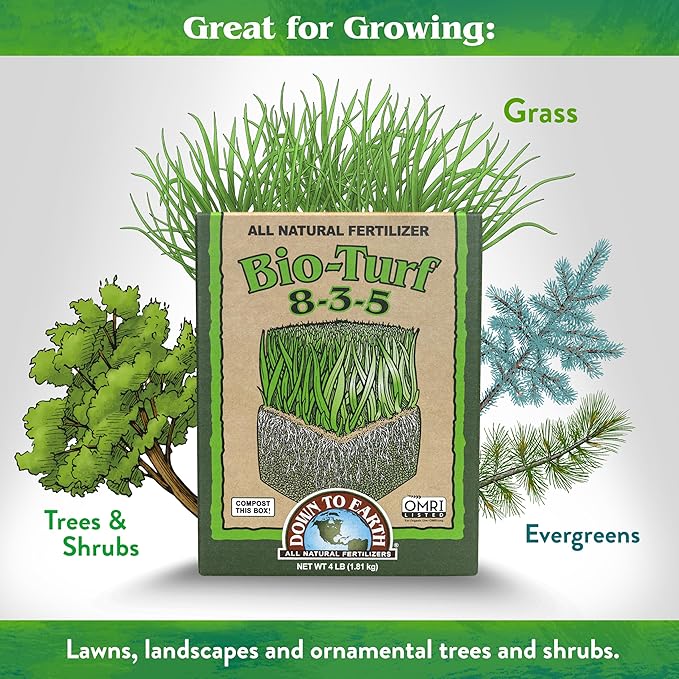 Down To Earth All Natural Fertilizers Organic Bio-Turf Lawn Food for Grass Landscape and Ornamentals - Works with Lawn Spreaders 8-3-5 4 lb