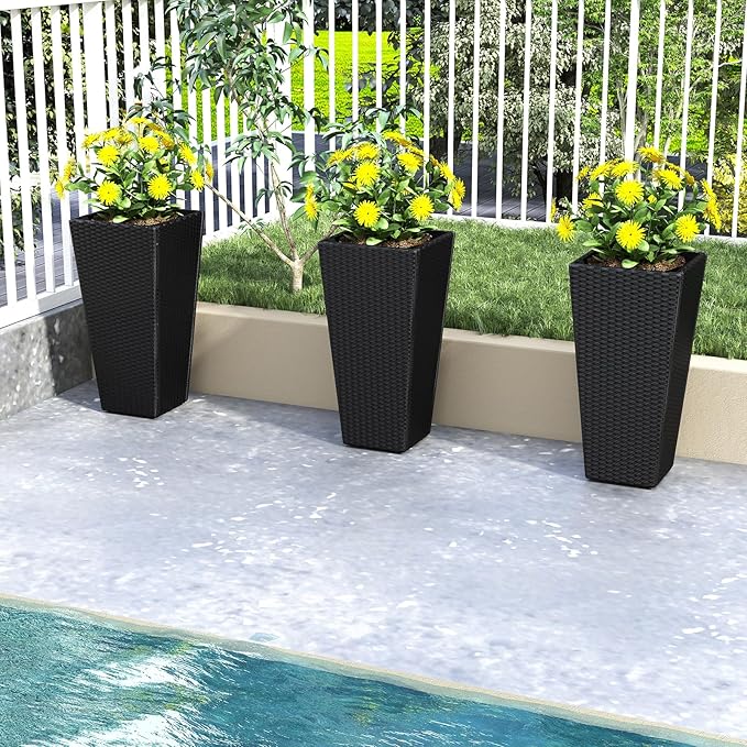 HAPPYGRILL 30 Tall Flower Pot Set of 2 Modern Decorative Planter Pots w/Open-Ended Base PE Rattan Frame Non-Woven Soil Bag Square Textured Flower Pots for Outdoor Garden Patio Front Porch