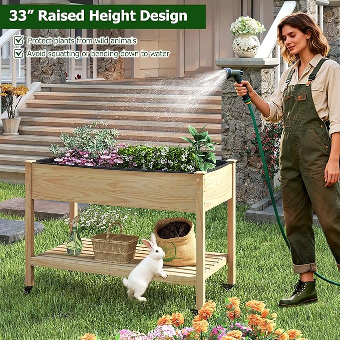 Giantex Mobile Raised Garden Beds Set of 2 Wood Planter Box with Wheels Storage Shelf &amp Liner 47”x23”x33” Rolling Raised Bed for Indoor Outdoor Plants Vegetables Flower Herbs Fruit Gardening