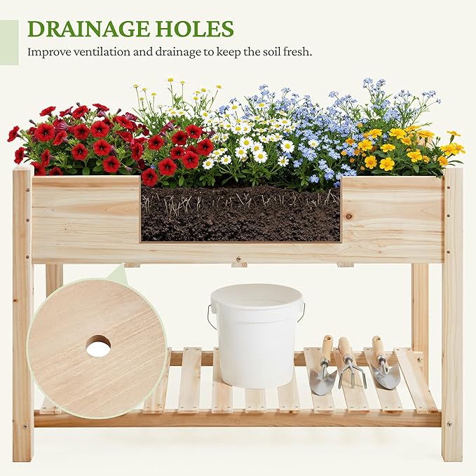 Topeakmart Raised Garden Bed Elevated 2 Tiers Wood Planting Bed Above Ground Planter Box for Vegetables Flowers Herbs Outdoor 47x23x32in