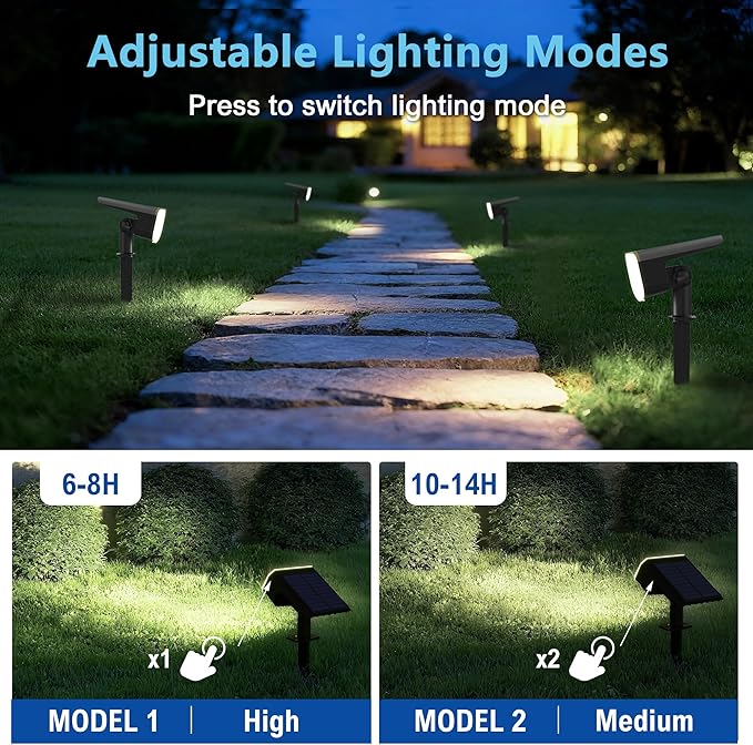 Solar Lights Outdoor Waterproof IP65 Super Bright LED 6500K 2 Lighting Modes Solar Powered Yard Garden Solar Spot Lights for Outside Landscape Auto On/Off -2 Pack