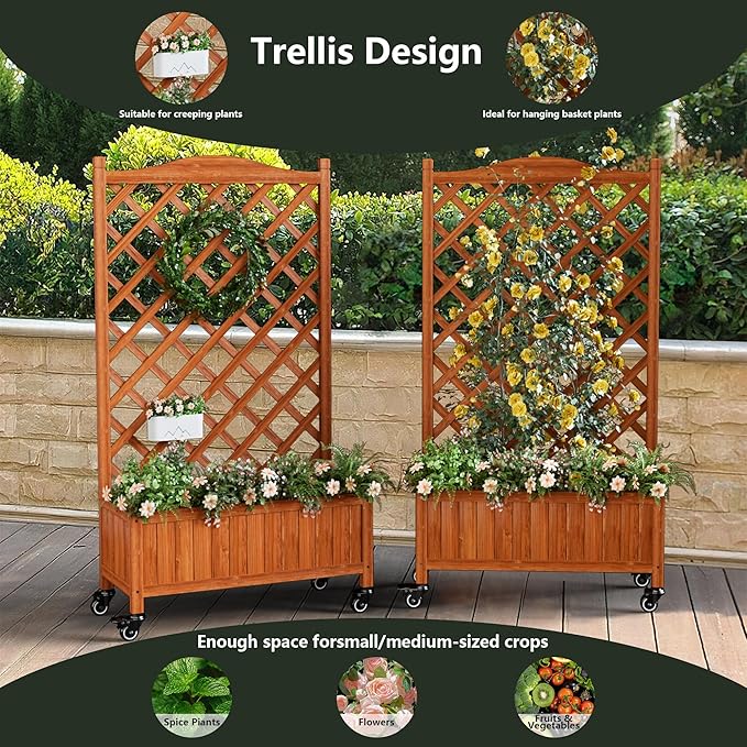 Upgraded 2-Pack 50 Tall Trellis Planter Box with Wheels 49.8H × 27.6W × 13.0D Solid Fir Wood Raised Garden Bed &amp Lattice Privacy Screen Rolling Planter with Drainage for Patio/Garden