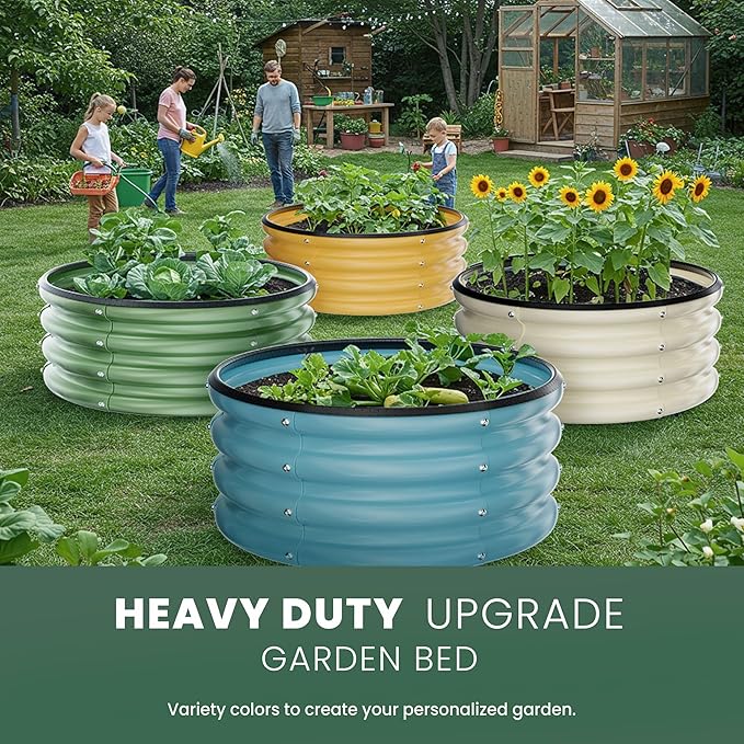 Round Galvanized Raised Garden Bed Kit 2 Pcs 2 x 2 x 1ft Autumn Gold Galvanized Garden Boxes Outdoor for Vegetables