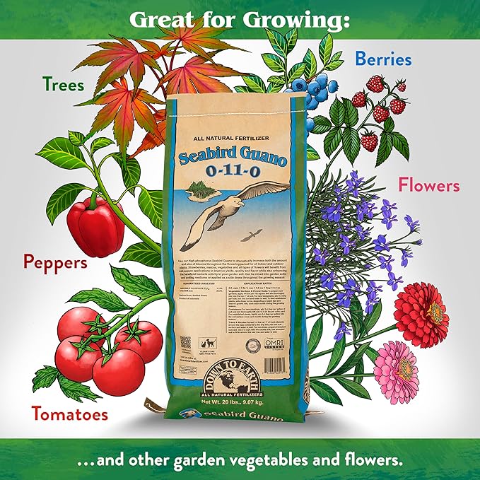 Down To Earth All Natural Fertilizers Organic Seabird Guano - High Phosphorus Plant Food for Buds Blooms Flowers 0-11-0 20 lb