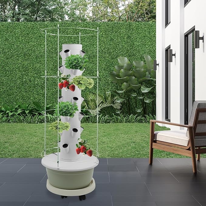 28 Pods Hydroponics Growing System kit 7-Layer Movable Vertical Hydroponic Tower with Pump Timer Climbing Support Frame Indoor Gardening System for Vegetables Fruits Herb