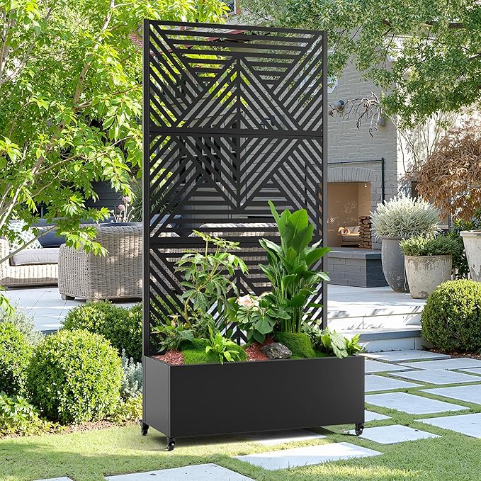15.7×70.9×35.4 Metal Raised Garden Bed with Trellis and Wheels - Tall Trellis Planter Box for Climbing Plants Vegetables &amp Vines - Outdoor Privacy Planters for Patio (Black-Zodiac)