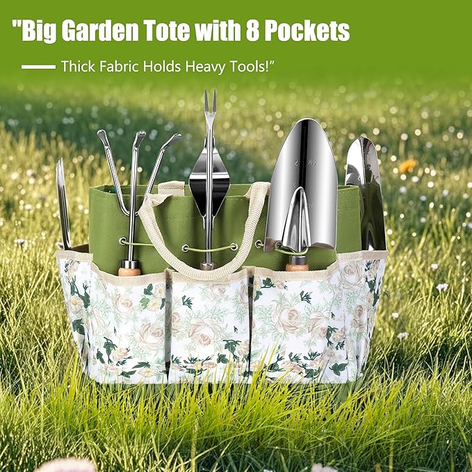 Gardening Tools Set of 10 Heavy Duty Stainless Steel Garden Hand Tools with Floral Tote Bag Rust-Proof Garden Tools for Gardening Gardening Gifts for Women Men and Plant Lover