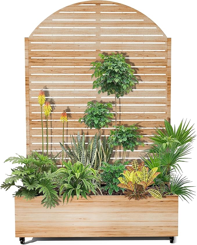 Metal Trellis Planter Box for Climbing Plants Large Raised Garden Bed with Trellis and Wheels 47 L Standing Privacy Planter for Patio with Drainage Holes (Acacia Wood Grain Louvered)