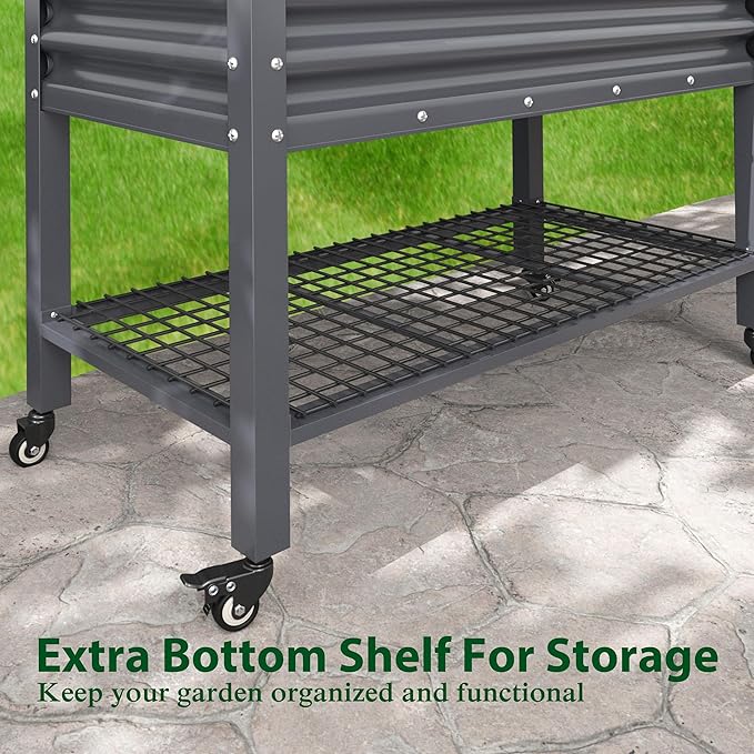 BlueWish 48 W x 24 D x 34 H Outdoor Galvanized Garden Bed Elevate Raised Bed with Detachable Black Liner Rolling Casters Storage Shelf Planter Boxes for Gardening Vegetable Flower Grey