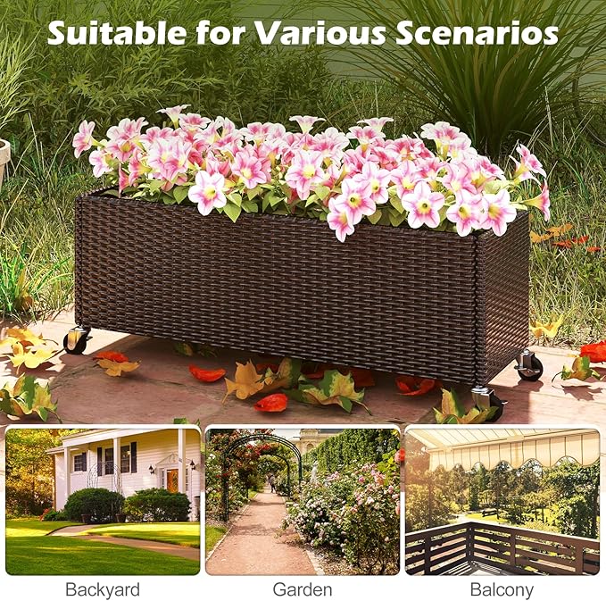 Giantex Wicker Raised Garden Bed with Wheels 38”x12”x14” Rectangular Garden Planter Box w/PE Rattan Liner Fabric Wicker Patio Elevated Raised Bed for Vegetable Flower Herb Porch Balcony