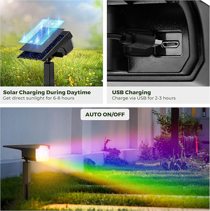 Kingsyard Solar Lights Outdoor Waterproof IP68 47 LEDs 3 Lighting Modes USB &amp Solar Powered Garden Yard Pathway Spot Lights for Outside Landscape Auto On/Off 6 Pack(Cool White)