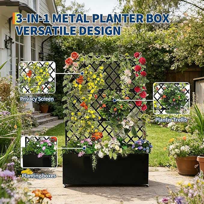 Galvanized Steel Raised Garden Bed with Trellis &amp Privacy Screen - 71 in x35 in x16 in Planter Box with Lockable Casters &amp Drainage Holes for Vines Vegetables On Patio Deck or Yard Black