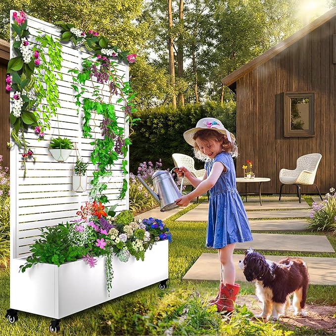 Metal Planter Box with Trellis 72.1x47.2x16 Outdoor Galvanized Raised Garden Bed with Privacy Screen &amp Drainage Holes &amp Lockable Casters for Climbing Plants Vegetable (White-Louvered)
