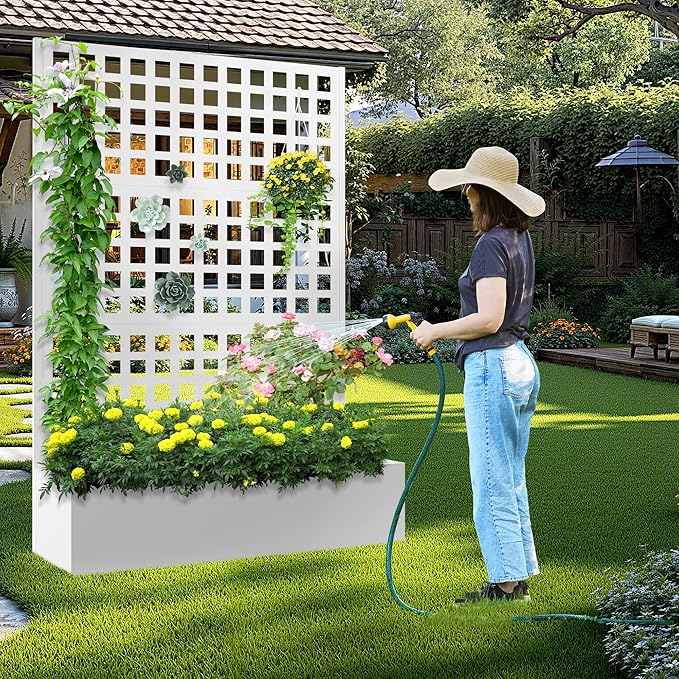 Metal Raised Garden Bed with Trellis 2 in 1 Trellis with Planter Box &amp Privacy Screen for Climbing Plants Vine Outdoor Standing Flower Beds with Drainage Holes 47.2 L x 16.7 W x 70.8 H Whi