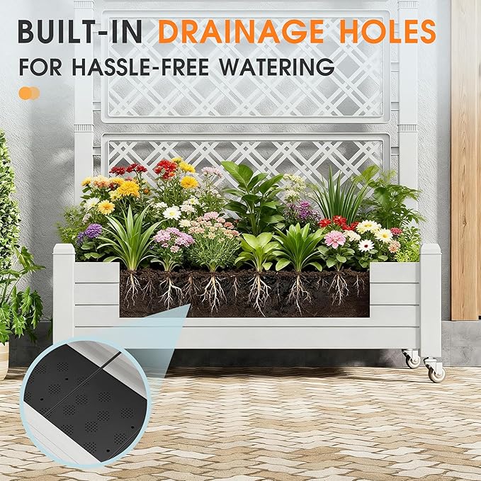 Resin Raised Garden Bed with Trellis and Wheels Planter Box with Trellis Outdoor Raised Planter with Trellis with Drainage Holes &amp Water Monitor for Climbing Plants Vegetables Flower White