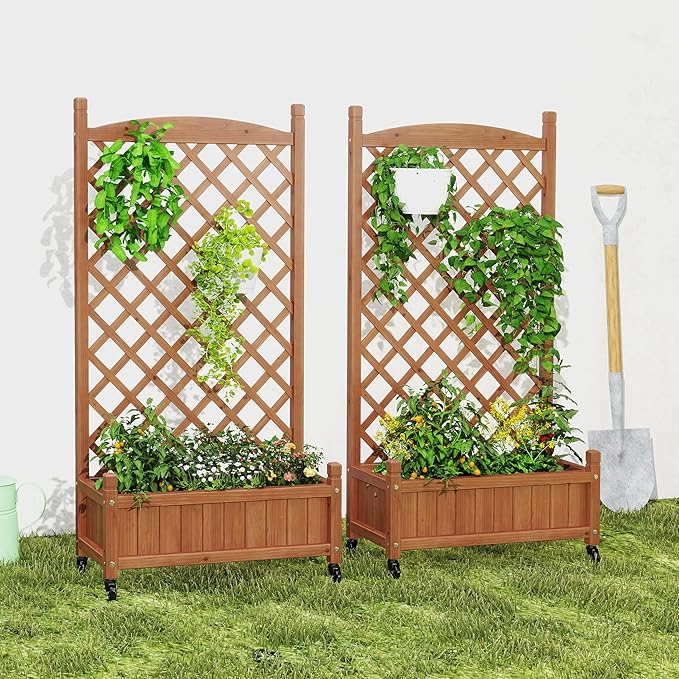 Raised Garden Bed with Trellis Set of 2 Outdoor Wood Planter Box &amp Plant Stand with Climbing Racks