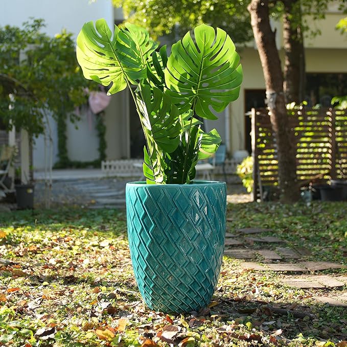 Handmade Teal Cyan Ceramic Flower Pot 16.54 W x 21.26 H Large Planter for Indoor Outdoor Potted Plants Flowers by Front Door Breathable Clay with Drainage