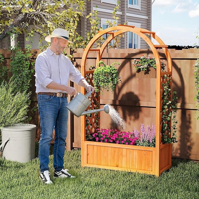 Giantex Set of 2 Raised Garden Bed with Arch Trellis for Climbing Vine Flower Vegetable Wood Planter Box with Liner &amp Drainage Design Outdoor Plant Container for Yard Balcony (33x14x58)