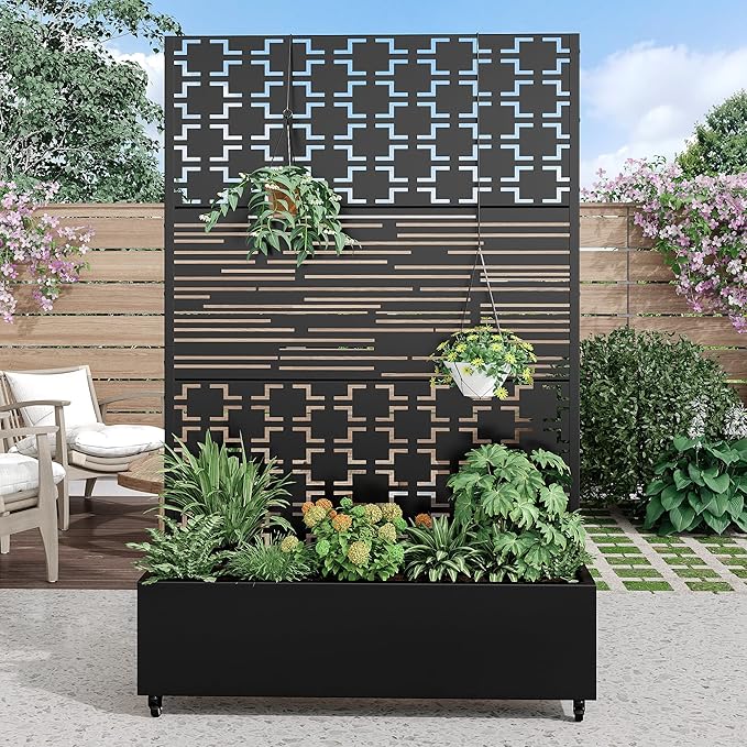 Casaphoria Metal Raised Garden Bed with Trellis and Wheels 72x47x16 Planter Box for Climbing Plants Vegetables &amp Vines Features Drainage Holes and Privacy Screen Black(Square&ampShine)