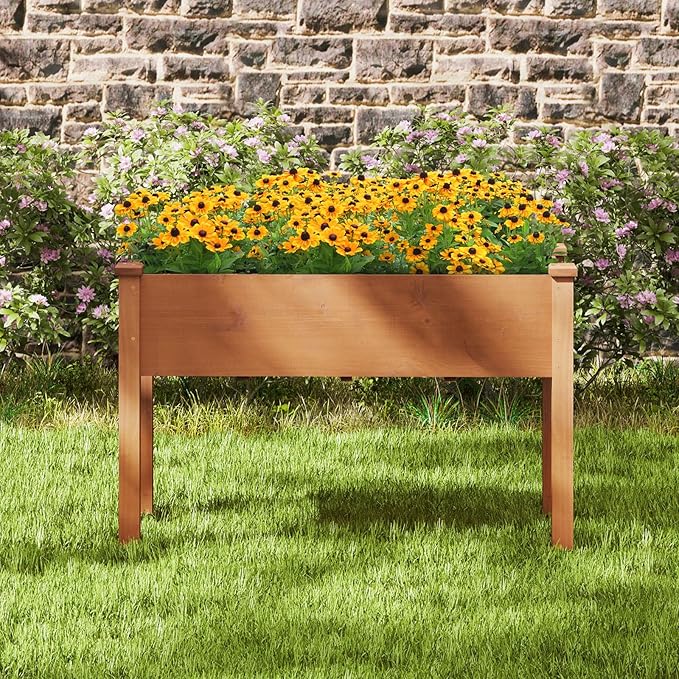 HAPPYGRILL Raised Garden Bed Outdoor Wood Garden Box w/Legs Drainage Holes Black Garden Liner Fabric Solid Wood Frame Elevated Planter Box for Backyard Patio Balcony 49” x 23” x 30” (L x W x H)