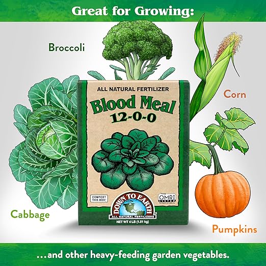 Down To Earth All Natural Fertilizers Organic Blood Meal - High Nitrogen Plant Food for Green Growth 12-0-0 4 lb
