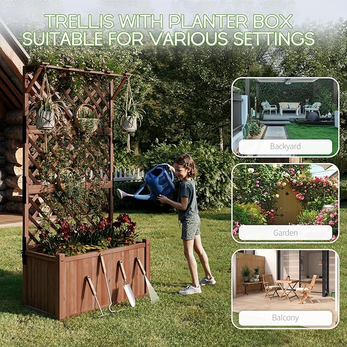 SPECRAFT Wood Planter with Trellis 35.4x17.7x72 Inch Raised Garden Bed 1.6Ft Deep Large Planter Box for Outdoor Gardening Vegetables and Climbing Plants