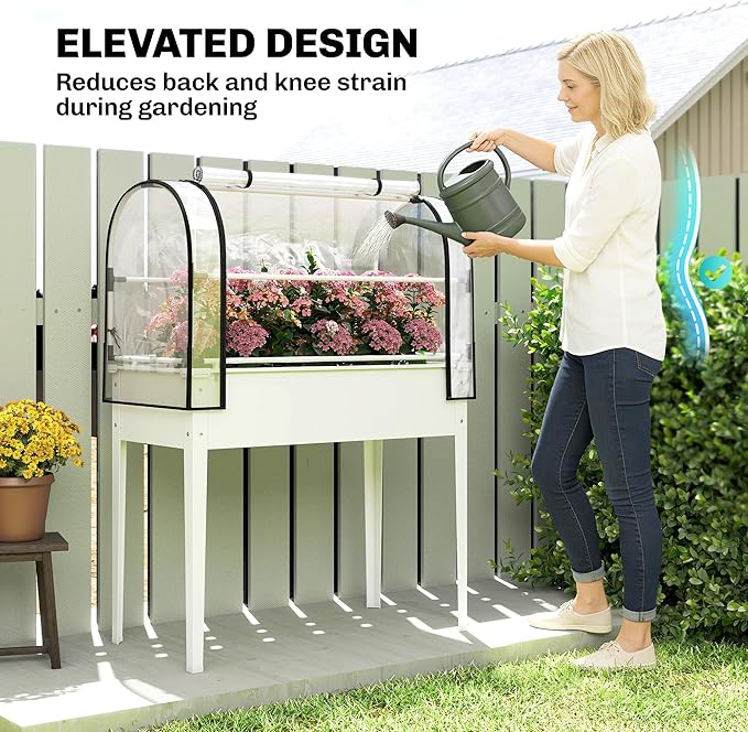 Outsunny Raised Garden Bed with Flip-Up Greenhouse Cover Metal Elevated Garden Bed with Legs and Drainage Hole Outdoor Raised Planter Box for Vegetables Herbs Flowers 39.4 x 19.3 x 53.5 White
