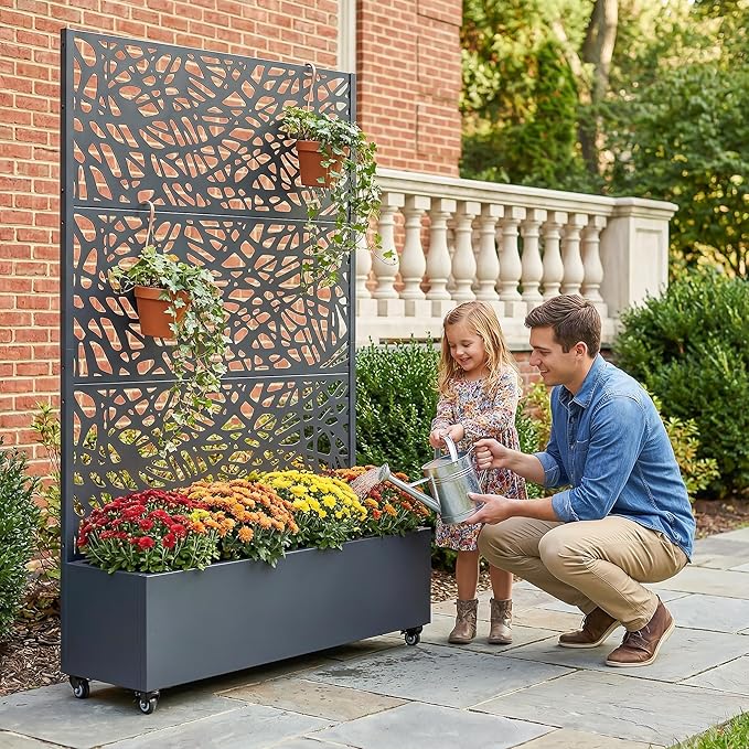 Casaphoria Metal Raised Garden Bed with Trellis and Wheels 72x47x16 Planter Box for Climbing Plants Vegetables &amp Vines Features Drainage Holes and Privacy Screen Drakgrey-Net