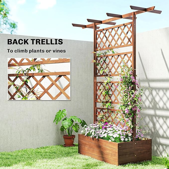 Outsunny Wood Planter Box with Trellis Raised Garden Bed Privacy Screen Planter Box for Climbing Plants Vines Vegetables Flowers 63 x 21.75 x 72