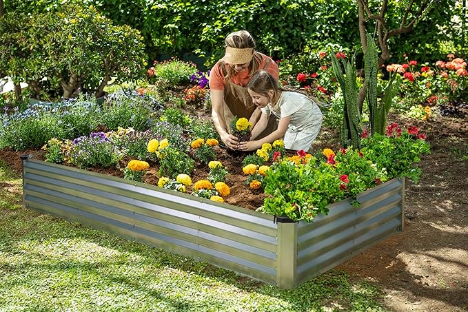 Plant &amp Plot Galvanized Raised Garden Beds Outdoor // 6×3×1 ft (2-Pack) Planter Raised Beds for Gardening Vegetables Flowers // Large Metal Garden Box // Patented Tool-Free Design (Silver)