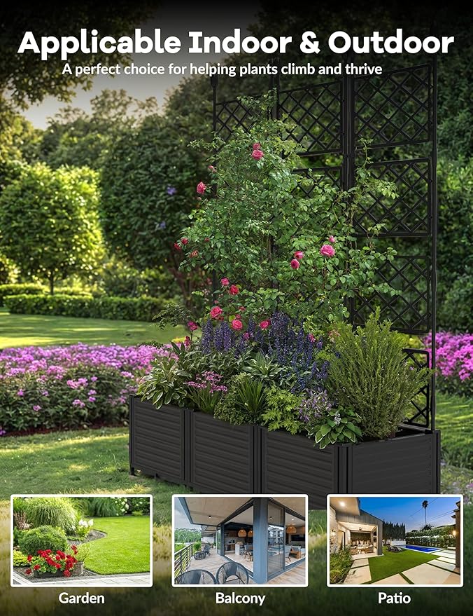 Garvee 3 PCS Plastic Plant with Metal Trellis Raised Garden Bed with Trellis Planter for Climbing Plant Outdoor Raised Box Privacy Screen for Patio Balcony Planter for Backyard Patio