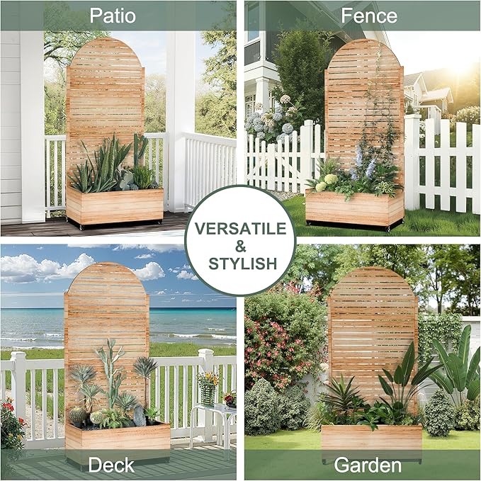 Metal Planter Box with Trellis for Patio Privacy Planter with Trellis Standing Planters Boxes with Privacy Screen Drainage Holes for Climbing Plants (35 L Arch White Wood Grain)