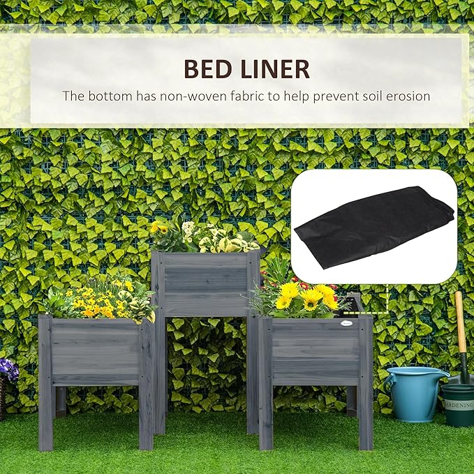 Outsunny Raised Garden Bed Set of 3 Wooden Elevated Planter Box with Legs and Bed Liner for Backyard and Patio to Grow Vegetables Herbs and Flowers Gray