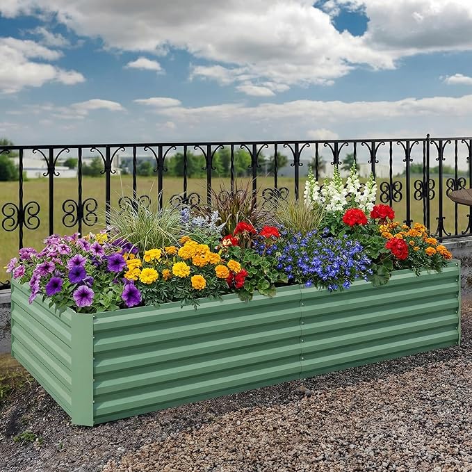 8x4x2 ft Galvanized Raised Garden Bed Metal Planter Box with Open-Bottom Design for Ground Root Access Outdoor Raised Garden Beds for Vegetables Flowers Easy Assembly Green