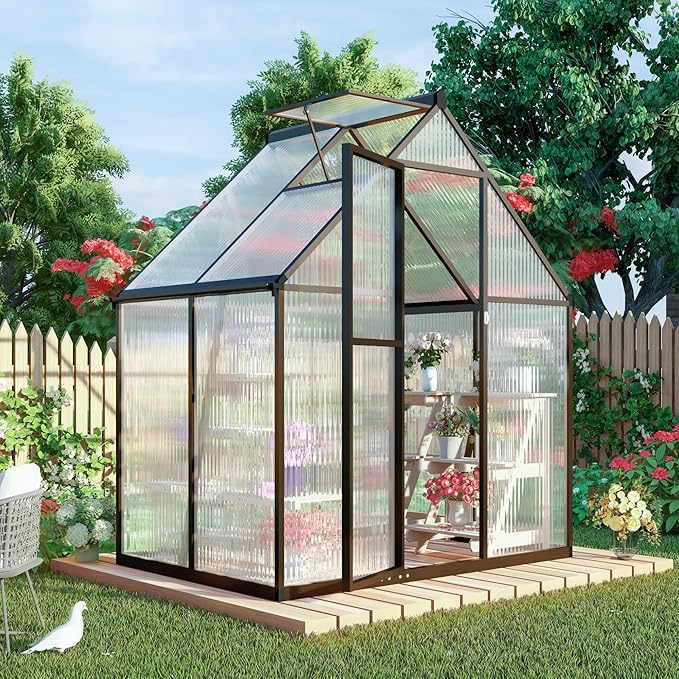 6 x 4 FT Greenhouse for Outdoors Polycarbonate Greenhouse with Quick Setup Structure and Roof Vent Aluminum Large Walk-in Green House for Outside Garden Backyard Charcoal Black