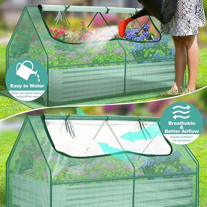SEJOV 6x3x1ft Galvanized Raised Garden Bed with Cover &amp 2 Large Windows Mini Greenhouses for Outdoors Metal Planter Box Kit for Vegetables Flowers Herbs 1 Pair of Gloves Included Green