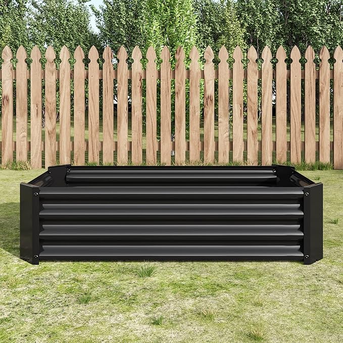 Metal Raised Garden Bed Rectangle Raised Planter 4×2×1ft for Flowers Plants Vegetables Herb Black