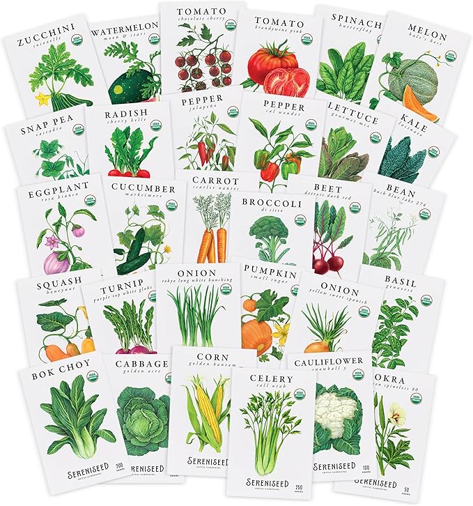 Sereniseed Certified Organic Vegetable Seeds (30-Pack) – Non GMO Open Pollinated - Basil Snap Pea Broccoli Bean Jalapeno Tomato Lettuce Cucumber Carrot Zucchini Seeds for Planting
