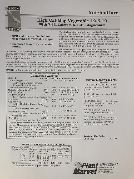 12-5-19+ High Cal Mag Vegetable Plant Marvel 5- Lb. Bag (25 Pound)
