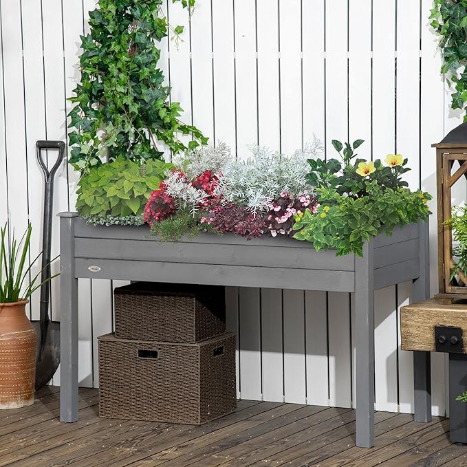 Raised Garden Bed with Legs 48 x 22 x 30 Elevated Wooden Planter Box Self Draining with Bed Liner for Vegetables Herbs and Flowers Backyard Patio Balcony Use Dark Gray