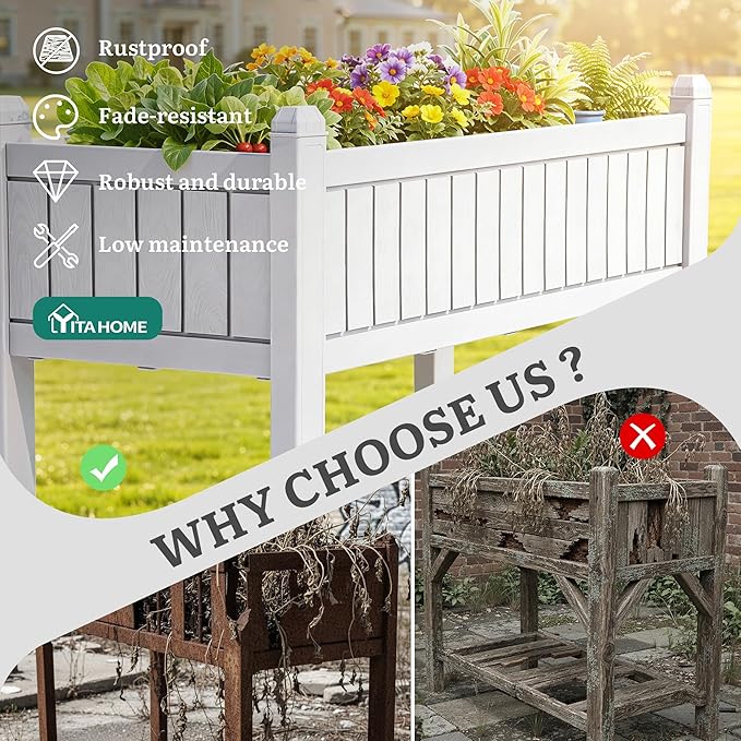 YITAHOME 42.5x17.3x35.4 in Raised Garden Bed Outdoor Plastic Planter Box with Wheels Legs Drain Plug and Storage Shelf for Plants Vegetables Flowers Herbs White