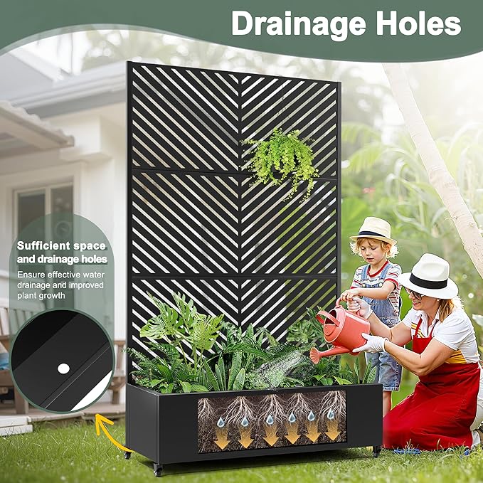 Large Metal Raised Garden Beds with Privacy Screen Standing Planter Box with Trellis &amp Wheels for Outdoor Climbing Plants Garden Boxes with Drainage Holes for Patio (47L Black Parallel)